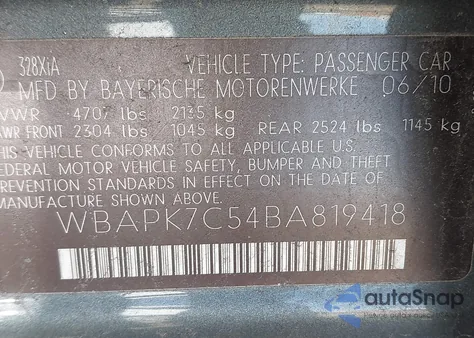 2011 BMW 328I xDrive from USA, damaged, VIN WBAPK7C54BA819418